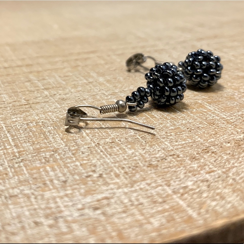 Beaded Navy Blue-Grey Drop Earrings